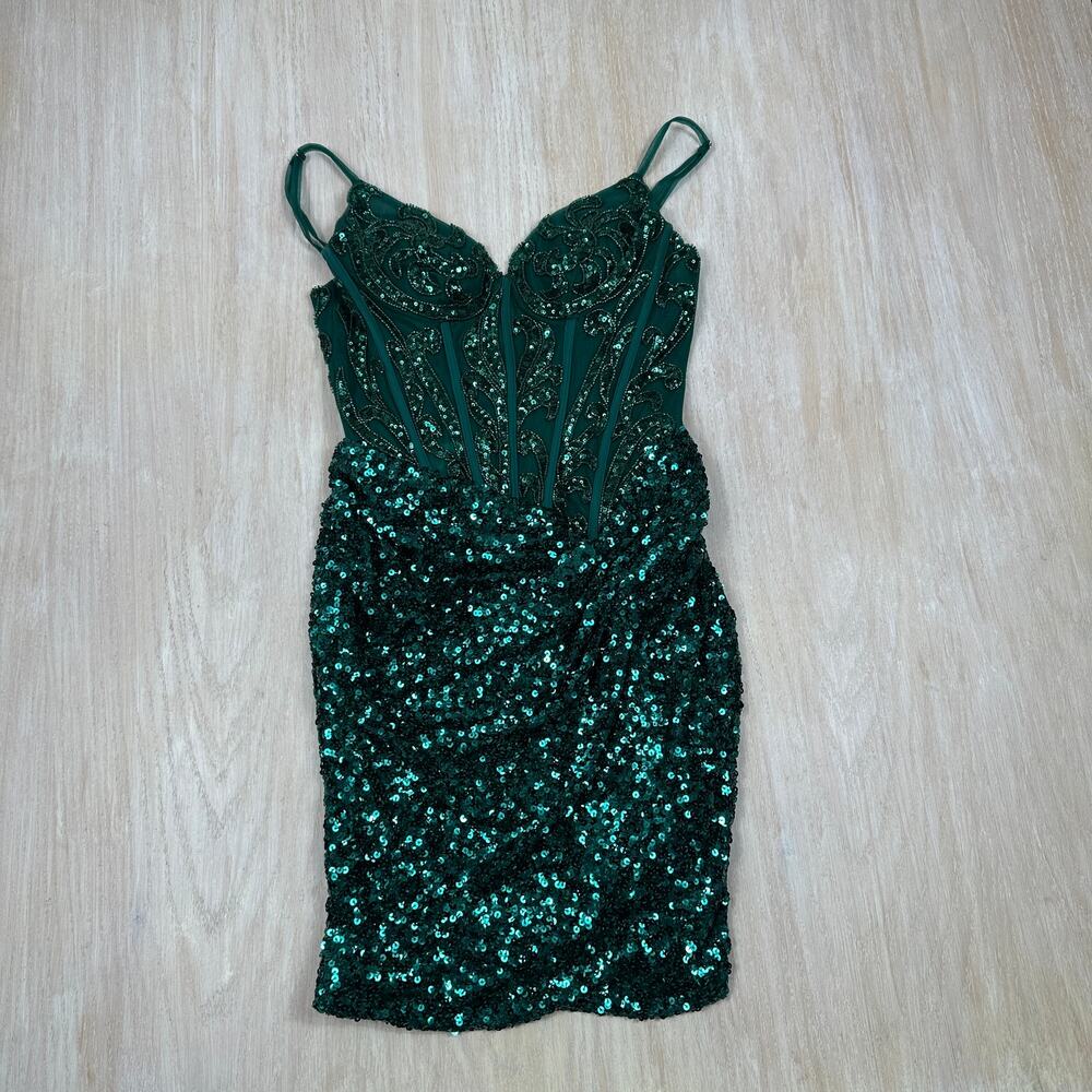 Stacees Emerald Green Sequin Corset Bodycon Mini Dress Spaghetti Straps Formal 2